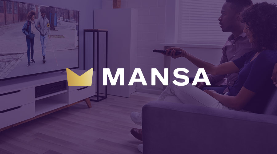 Mansa logo on a translucent purple background over an image of a couple sitting on a couch watching TV