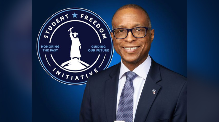 A blue background with a headshot of Keith Shoates, Chief Operating Officer of Student Freedom Initiative, with the Student Freedom Initiative logo positioned to the left of Shoates’ headshot