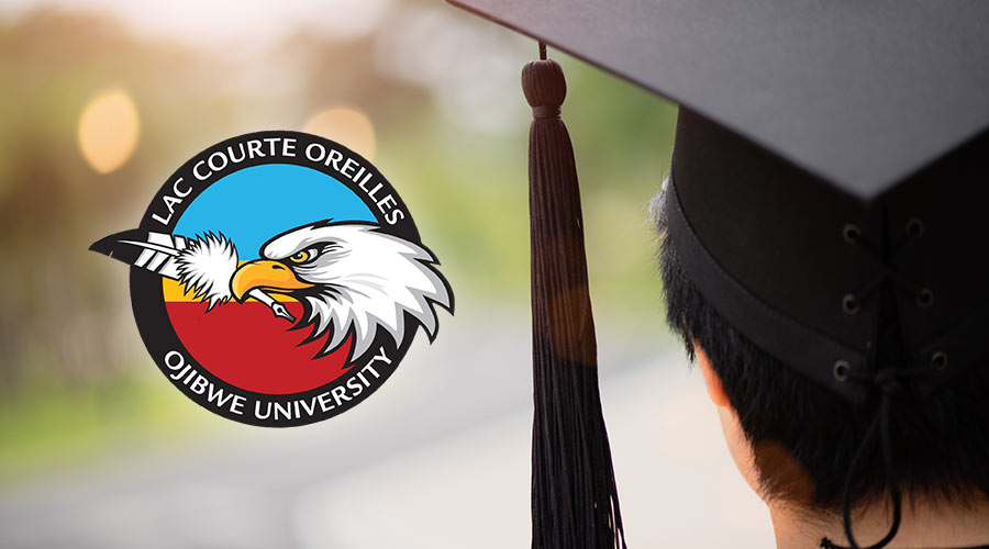 A college student wears a graduation cap, and to the left is positioned a logo of Lac Courte Oreilles Ojibwe University