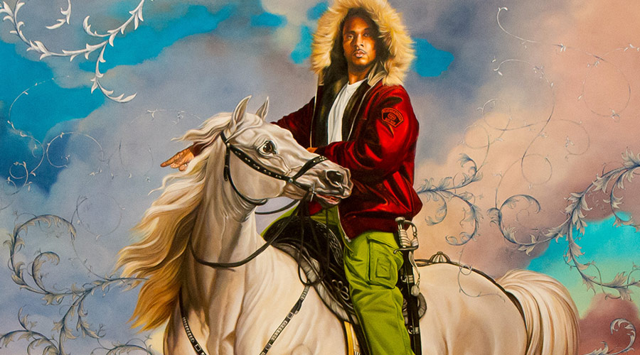 A man riding a white horse and wearing a red hooded jacket and green pants against an ornate background