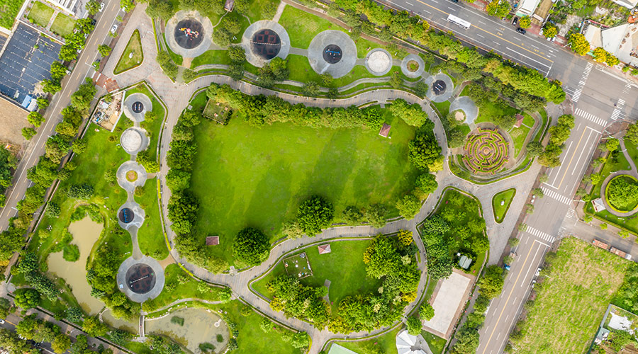 Aerial view of a large urban green space with trees and trails