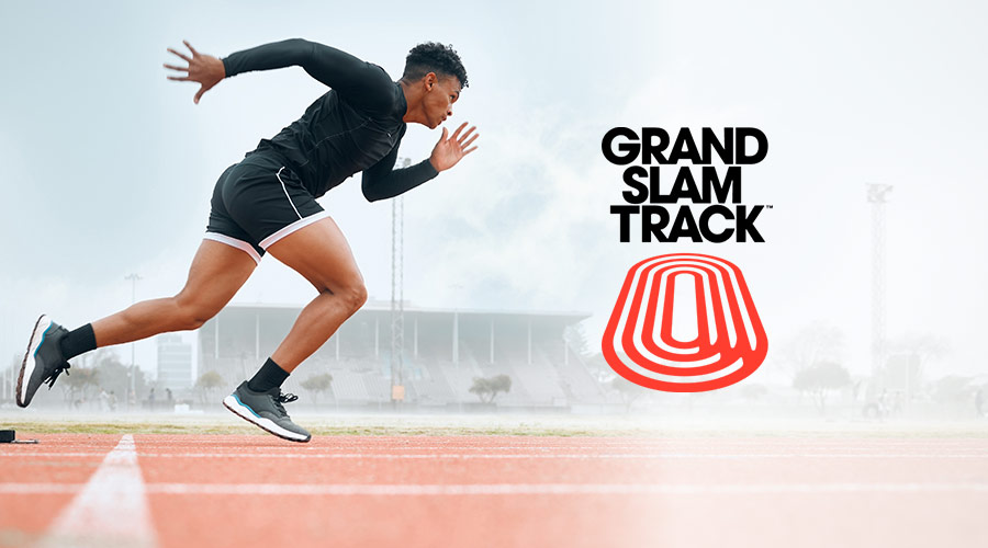 Black athlete running on a track with the Grand Slam Track logo to the right