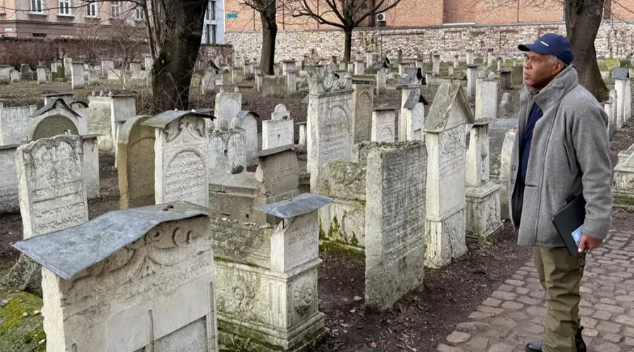 Robert F. Smith at a Jewish cemetery in Kraków, Poland, during a Black-Jewish solidarity mission in January 2025