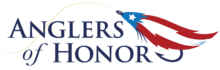 Anglers of Honor" in dark blue, with a yellow fishing line running through the letters. Attached to the line is a lure resembling a red, white and blue flag.