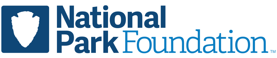 Blue square with the outline of an arrowhead facing down in it next to the text "National Park Foundation" in blue.